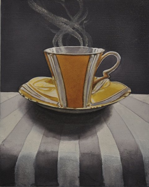 Dark Tea 4 Gramma’s Yellow, 8”hx10”w, watercolour on acrylic ground on  panel, $500.00